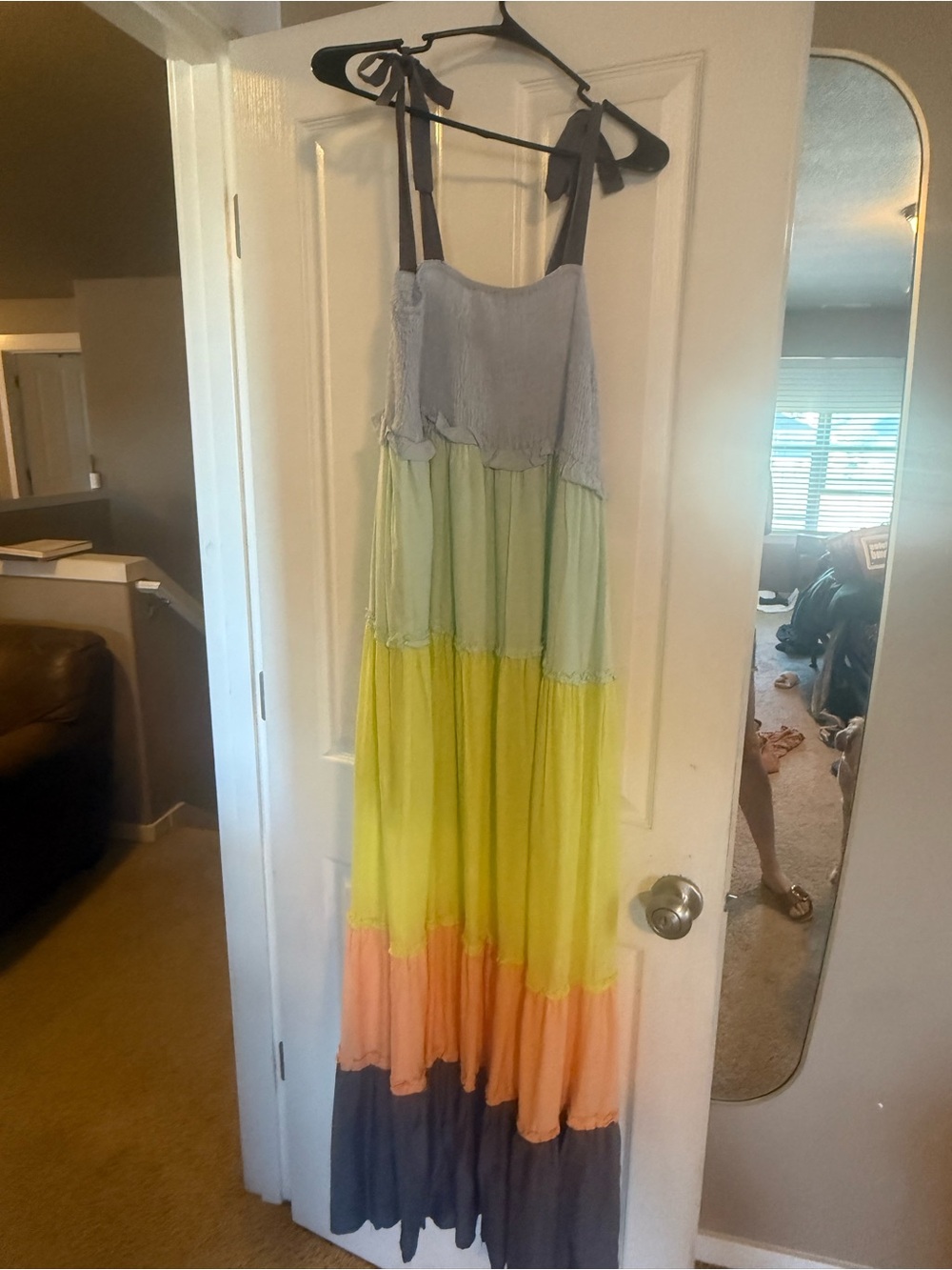 DAVI & DANI Tiered Maxi Dress in Light Blue, Lime, Yellow, Peach & Charcoal